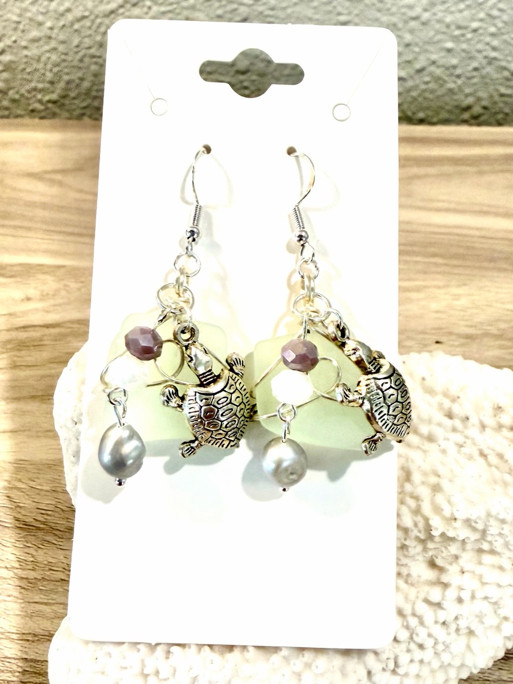44. Handmade Silver Turtle & Sea Glass Dangle Earrings - Light Green
